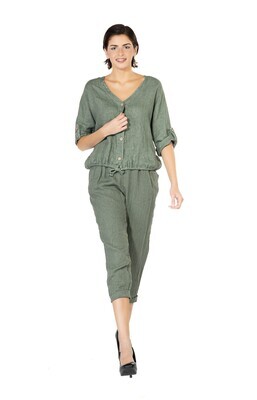 Cherishh C6202 Women's 3/4 Sleeve Linen Draw String Blouse – Military Green