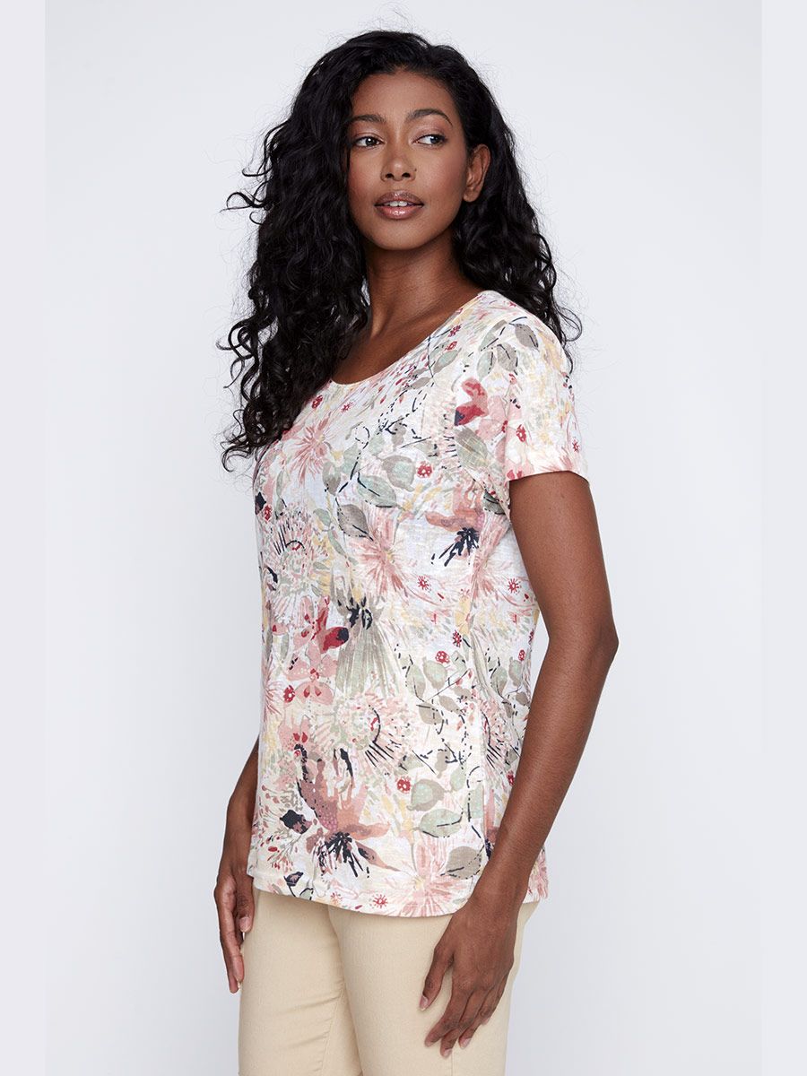 Coco Y Club 2412340 Women's Short Sleeve Printed Floral T-Shirt – Khaki Combo