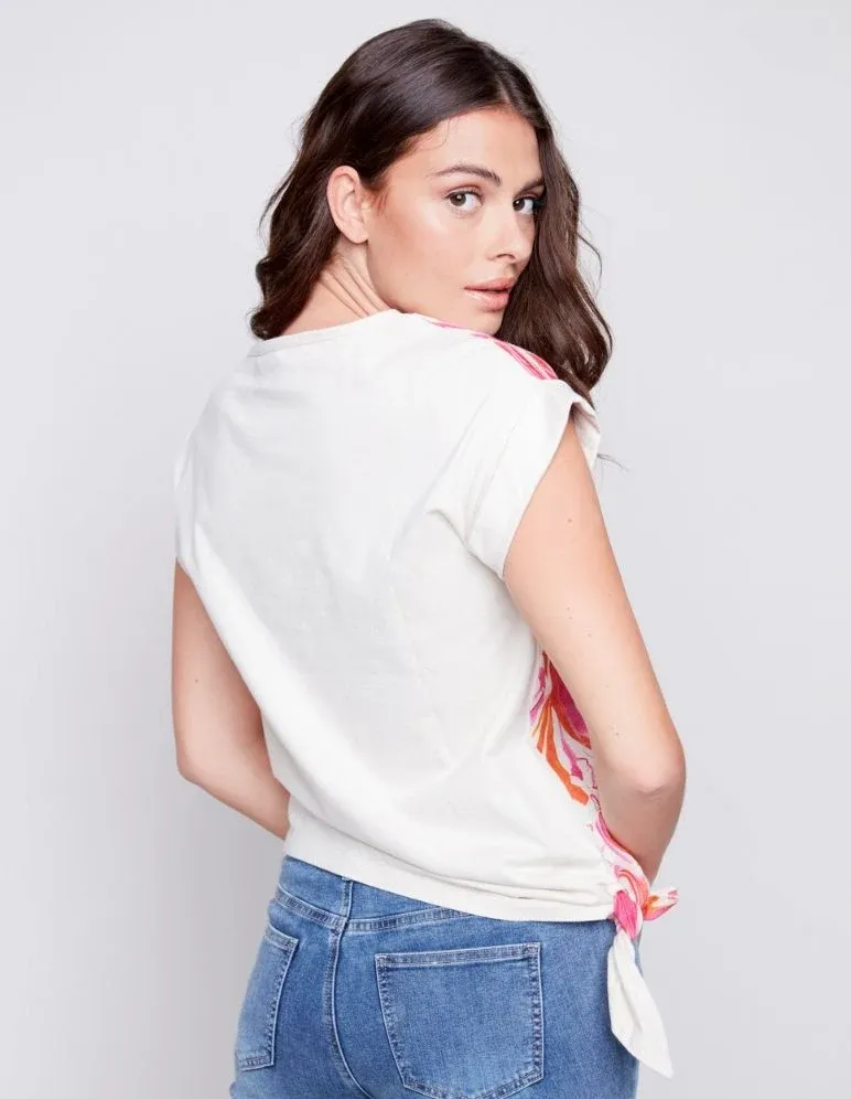 Charlie B C4483R-032B Printed Linen T-Shirt w/ Front Tie