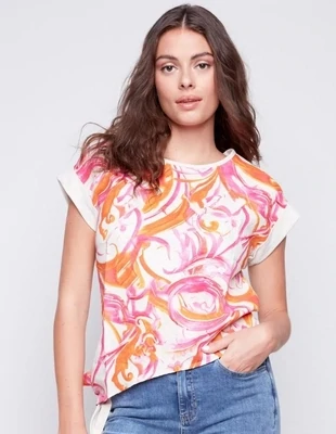 Charlie B C4483R-032B Printed Linen T-Shirt w/ Front Tie