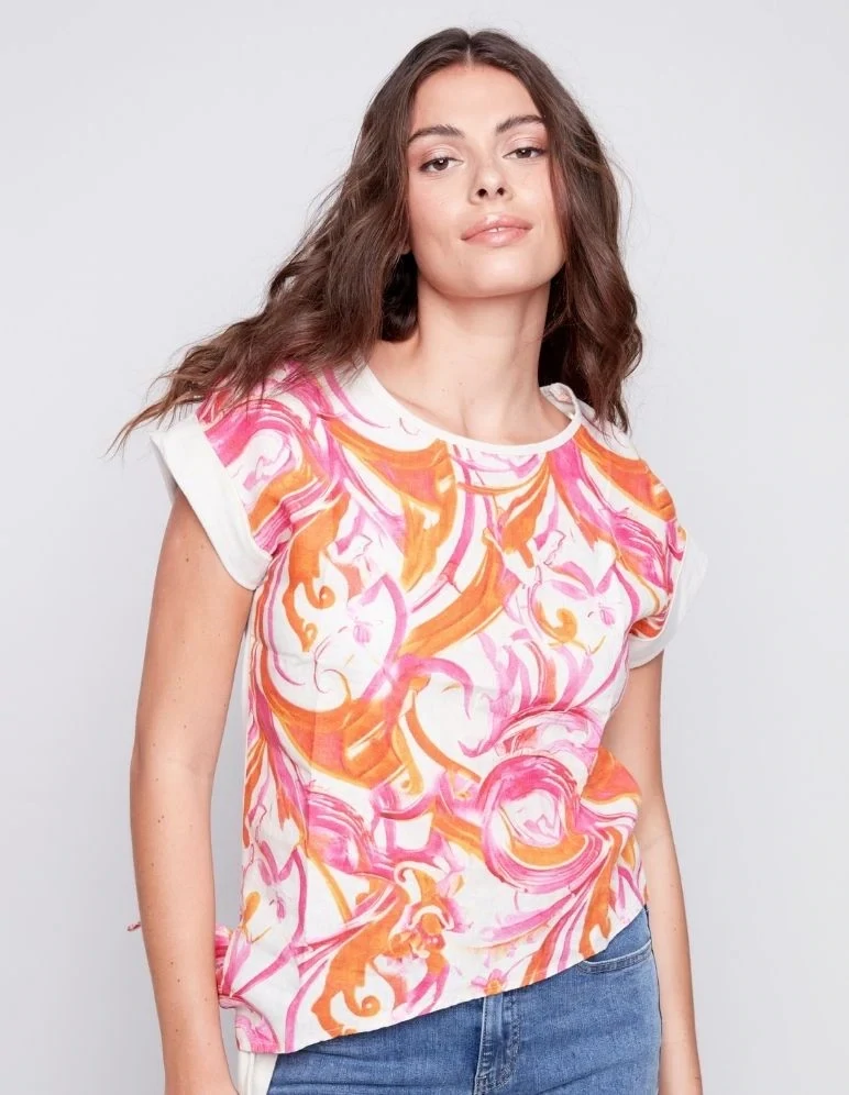 Charlie B C4483R-032B Printed Linen T-Shirt w/ Front Tie