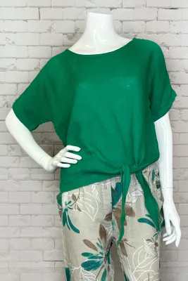 Cherishh C6107 Women's Short Sleeve Linen Slip Knot Top – Emerald Green