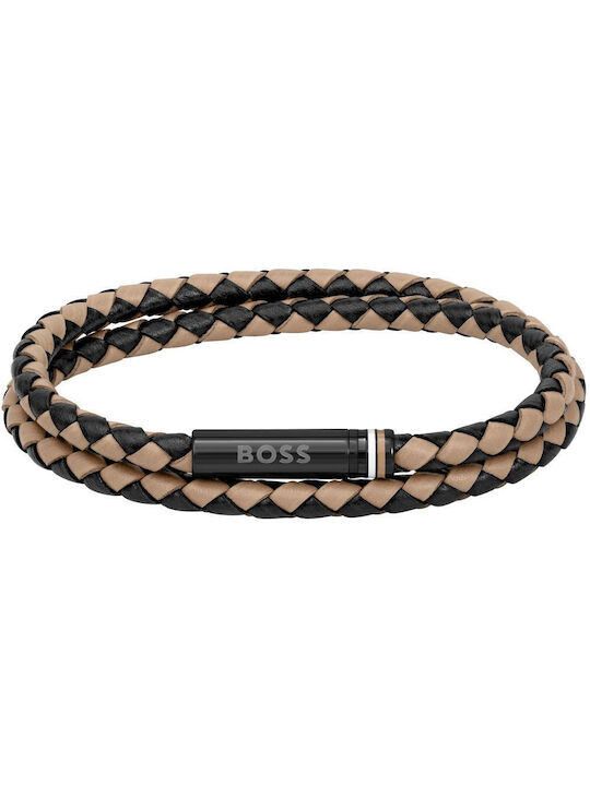 BOSS 1580495M Men's Ares Brown Braided Leather w/ Black-IP Closure Bracelet