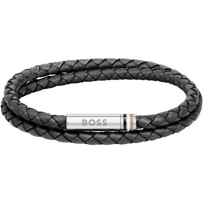 BOSS 1580489M Men's Ares Black Braided Leather w/ S. Steel Clousure Bracelet