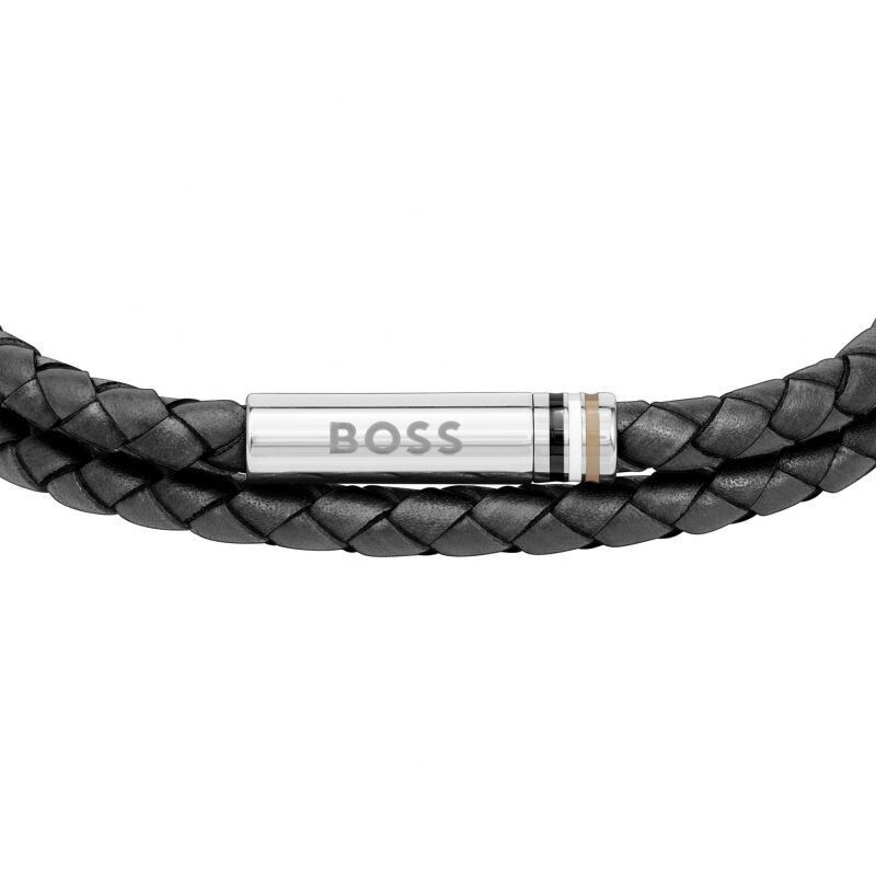 BOSS 1580489M Men's Ares Black Braided Leather w/ S. Steel Clousure Bracelet
