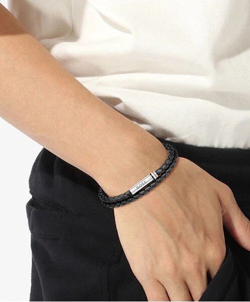 BOSS 1580489M Men's Ares Black Braided Leather w/ S. Steel Clousure Bracelet