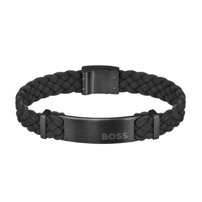 BOSS 1580608M Men's Dylan Black Braided Leather & Black-IP Bracelet