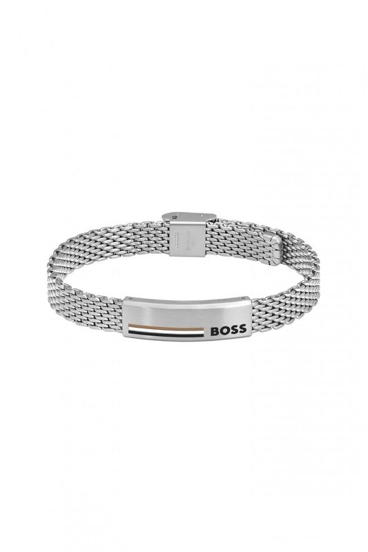 BOSS 1580611 Men's Alen S. Steel Mesh Cuff & Signature Enamel Plate Bracelet