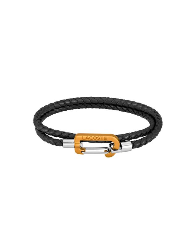 Lacoste 2040316 Men's Black Braided Leather & Orange S. Steel Clasp Closure Bracelet