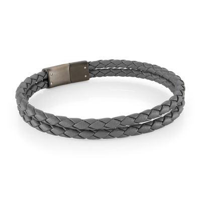 Italgem SLB579 Men's Gun IP S. Steel Sideways Clasp Double Strand Grey Leather Bracelet 8"