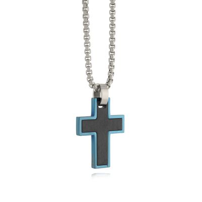 Italgem SC85 Men's Black Carbon Fibre Blue-IP & S. Steel Cross Necklace