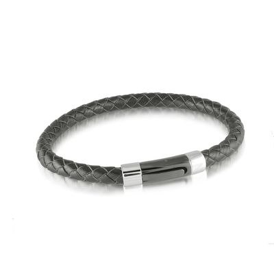 Italgem  SLB124 Men's S. Steel Black IP Push Clasp Black Leather Bracelet
