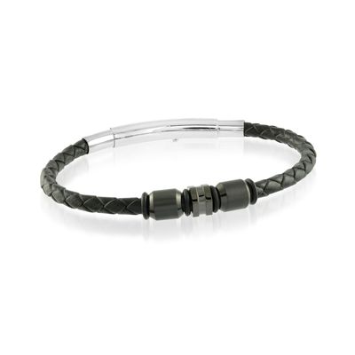 Italgem SLB135 Men's S. Steel Black IP Beads Adjustable Clasp Black Leather Bracelet