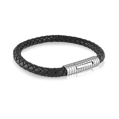 Italgem SLB93 Men's S. Steel Push Clasp Design Black Leather Bracelet 8.2"