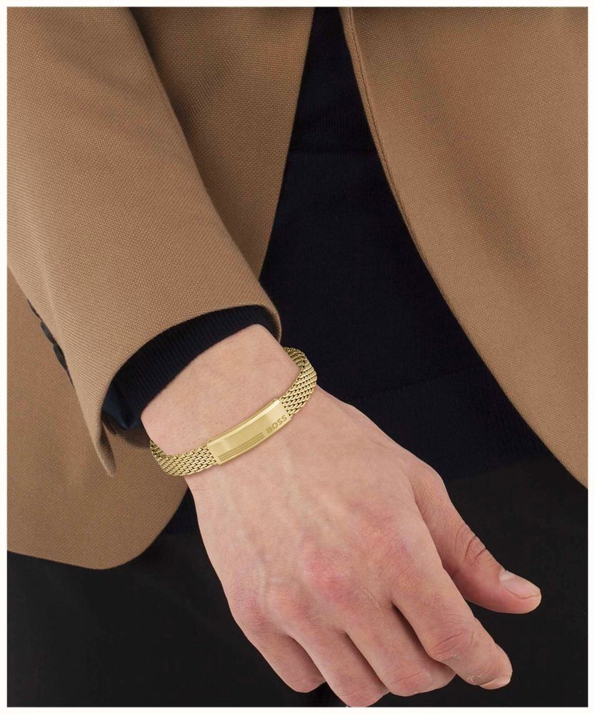 BOSS 1580610 Men's Alen S. Steel Gold-Plated Mesh Cuff Bracelet