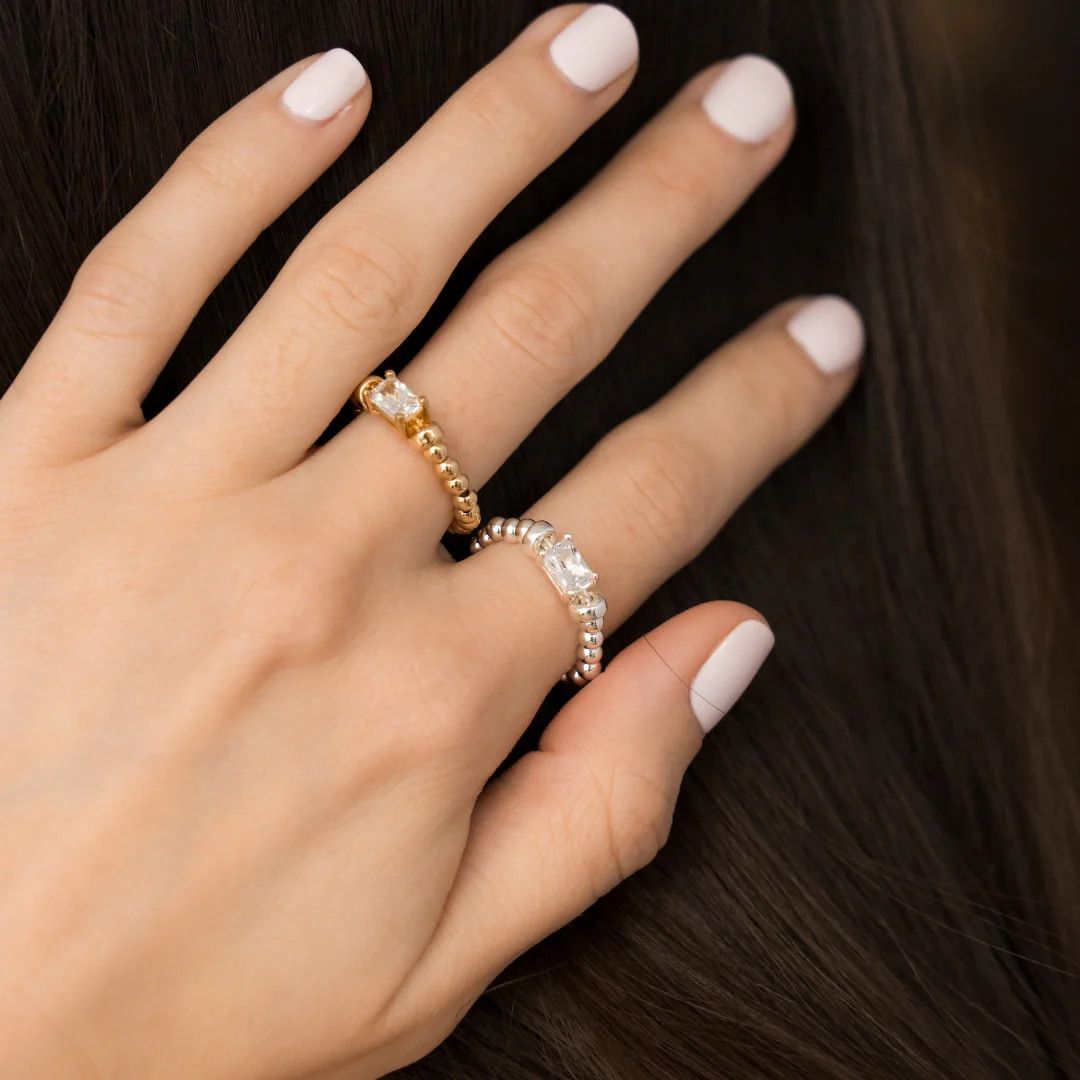 Beblue BRESURSTY-HT-CZ Gold Be In Style Bead & White CZ Elastic Ring - Haute Joy