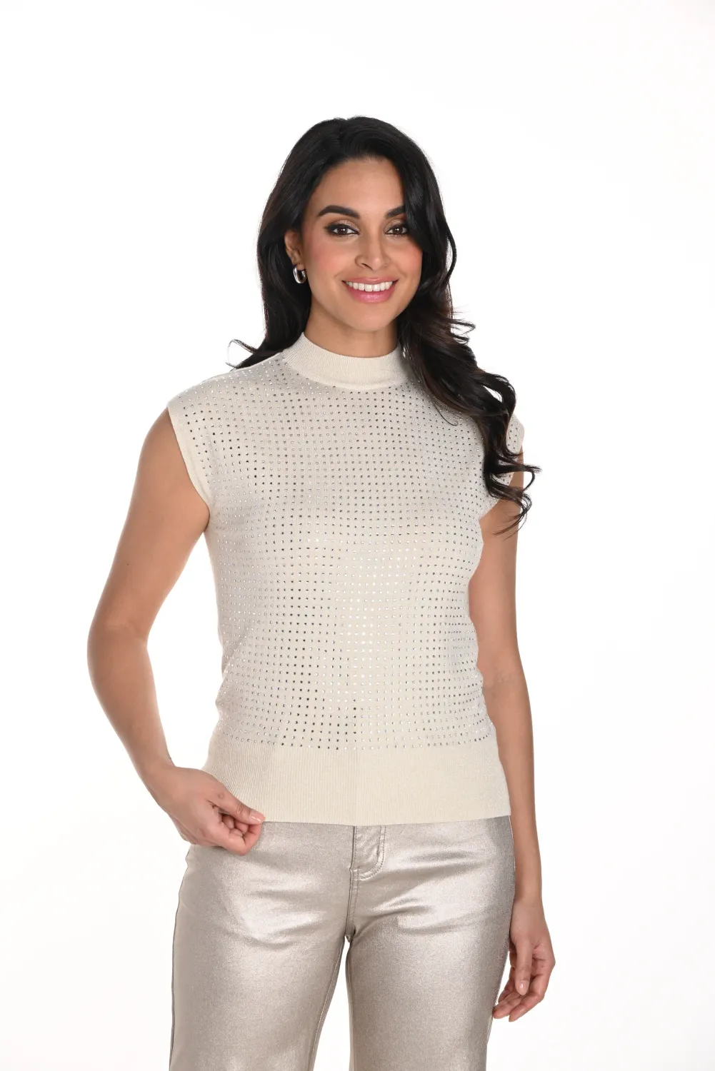 Frank Lyman 243464U Women's SL Mock Neck Rhinestone Sweater Vest – Beige