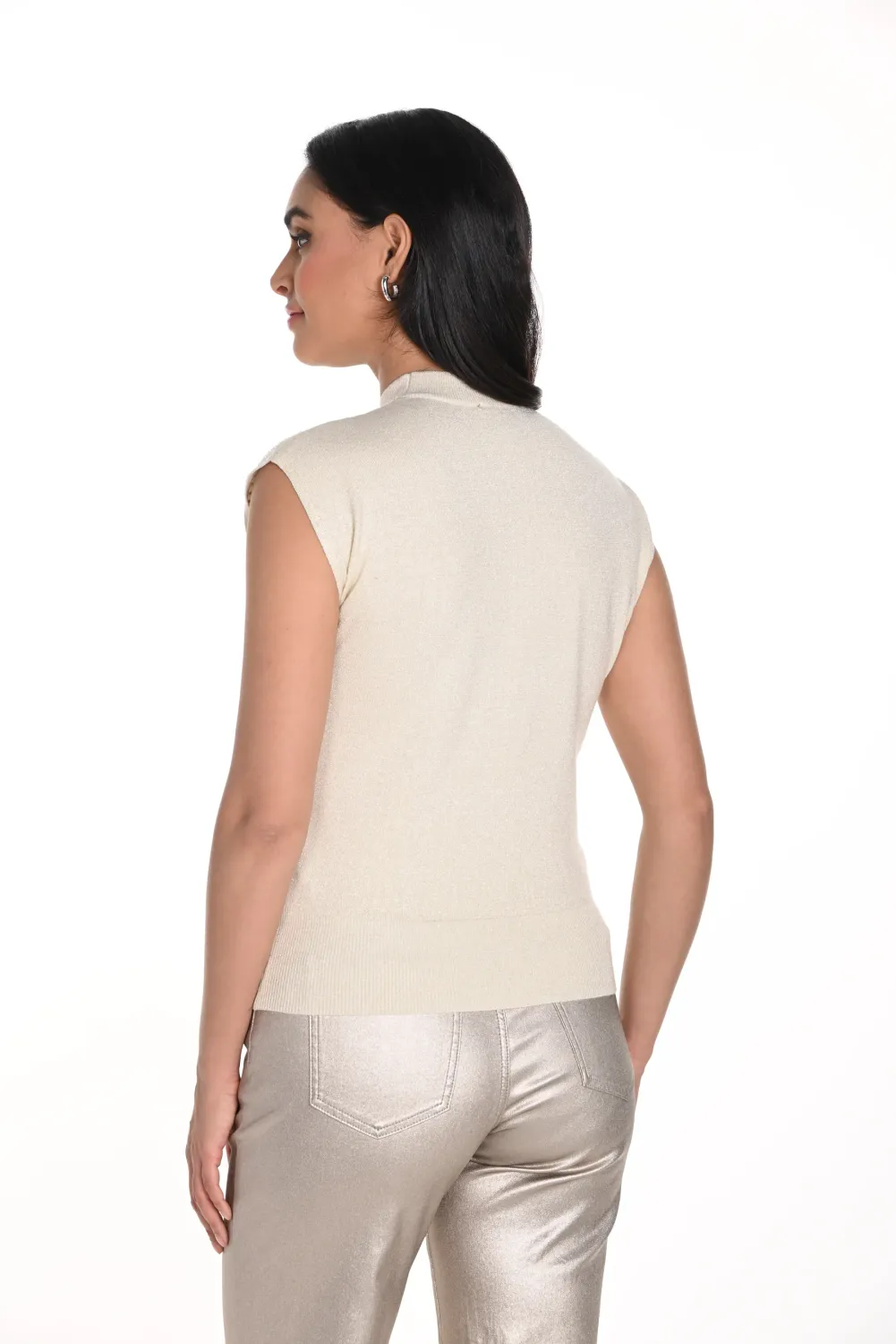 Frank Lyman 243464U Women's SL Mock Neck Rhinestone Sweater Vest – Beige