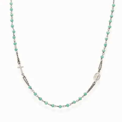 Amen CROBT3 women's silver aqua green round rosary necklace