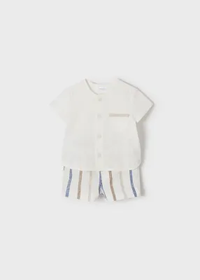 Mayoral 1213 Baby Boys Ivory Linen Short Sleeve Shirt & Ivory Shorts w/ Blue & Brown Stripes