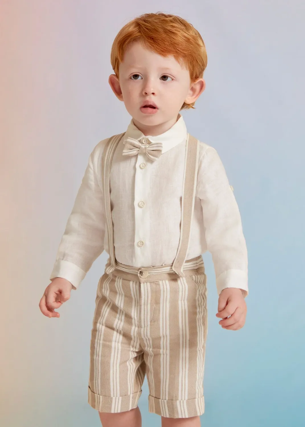 Abel & Lula  5228 Baby Boys Linen Ivory Shirt/Bowtie/Beige Striped Shorts