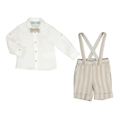 Abel & Lula  5228 Baby Boys Linen Ivory Shirt/Bowtie/Beige Striped Shorts