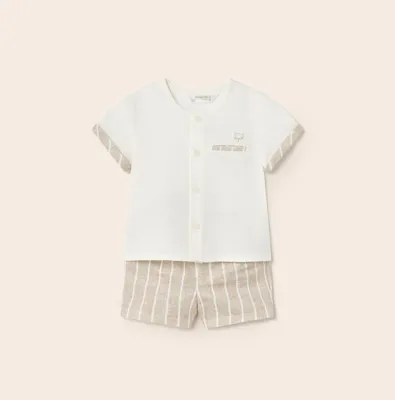 Mayoral 1264 linen lino coloured top button up t-shirt and striped shorts set