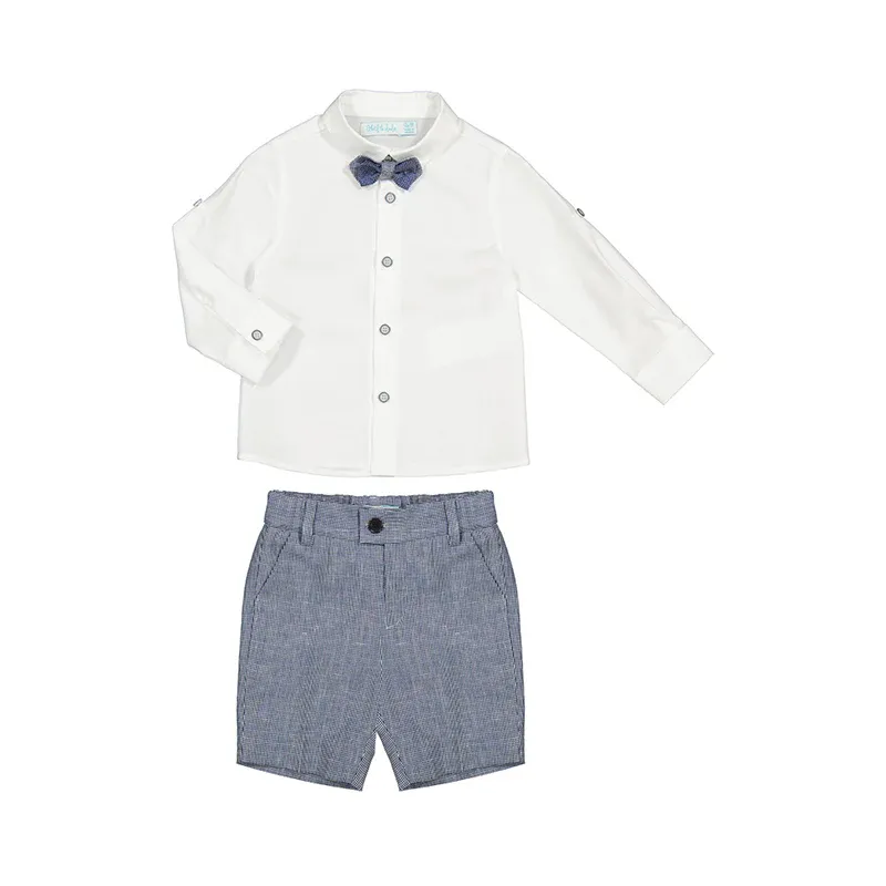 Abel & Lula 5227 Baby Boys White Shirt/Navy Ptrn Bowtie/ Navy Houndstooth Shorts