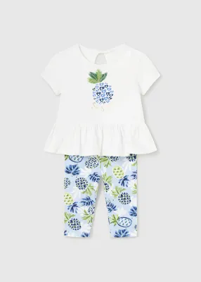 Mayoral 1734 Baby Girls S/s Top 'Stay Golden' & Leggings / WHITE BLUE/ 2 PC SET