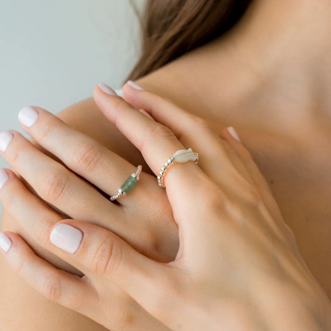 Beblue BREBRAVE-STB Silver Be Brave Bead & Green Aventurine Elastic Ring - Saint Barth