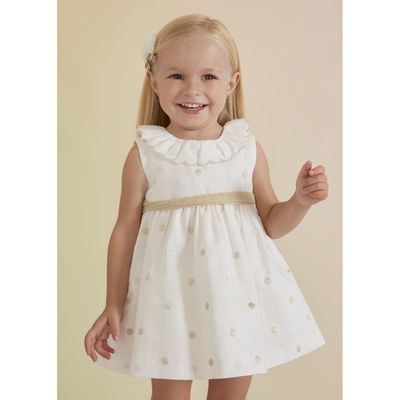 Abel & Lula 5015 Baby Girl Whitel Linen Dress with circles 