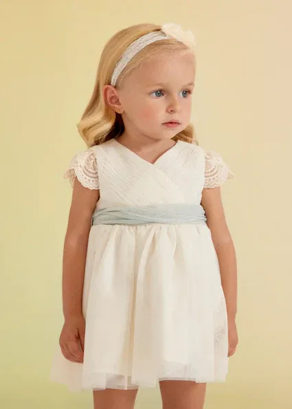 Abel & Lula 5005 Baby Girl's Cream Pleated Tulle Dress W/ Teal Belt