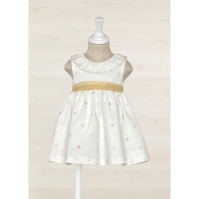 Abel & Lula 5015 Baby Girl Whitel Linen Dress with circles 