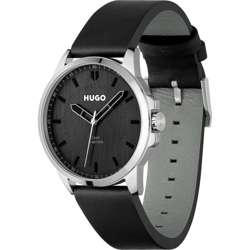 HUGO 1530188 Men's #First Quartz S. Steel Black Leather Strap Watch
