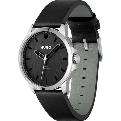 HUGO 1530188 Men's #First Quartz S. Steel Black Leather Strap Watch