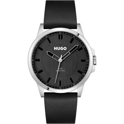 HUGO 1530188 Men's #First Quartz S. Steel Black Leather Strap Watch