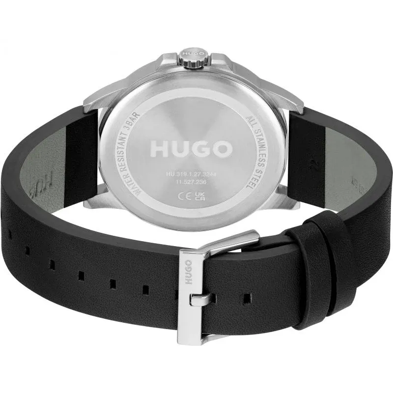 HUGO 1530188 Men's #First Quartz S. Steel Black Leather Strap Watch