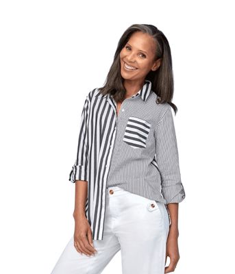 Tribal 1334O-3747-0002 Women's LS Stripe Blouse w/ Pocket/ BLACK