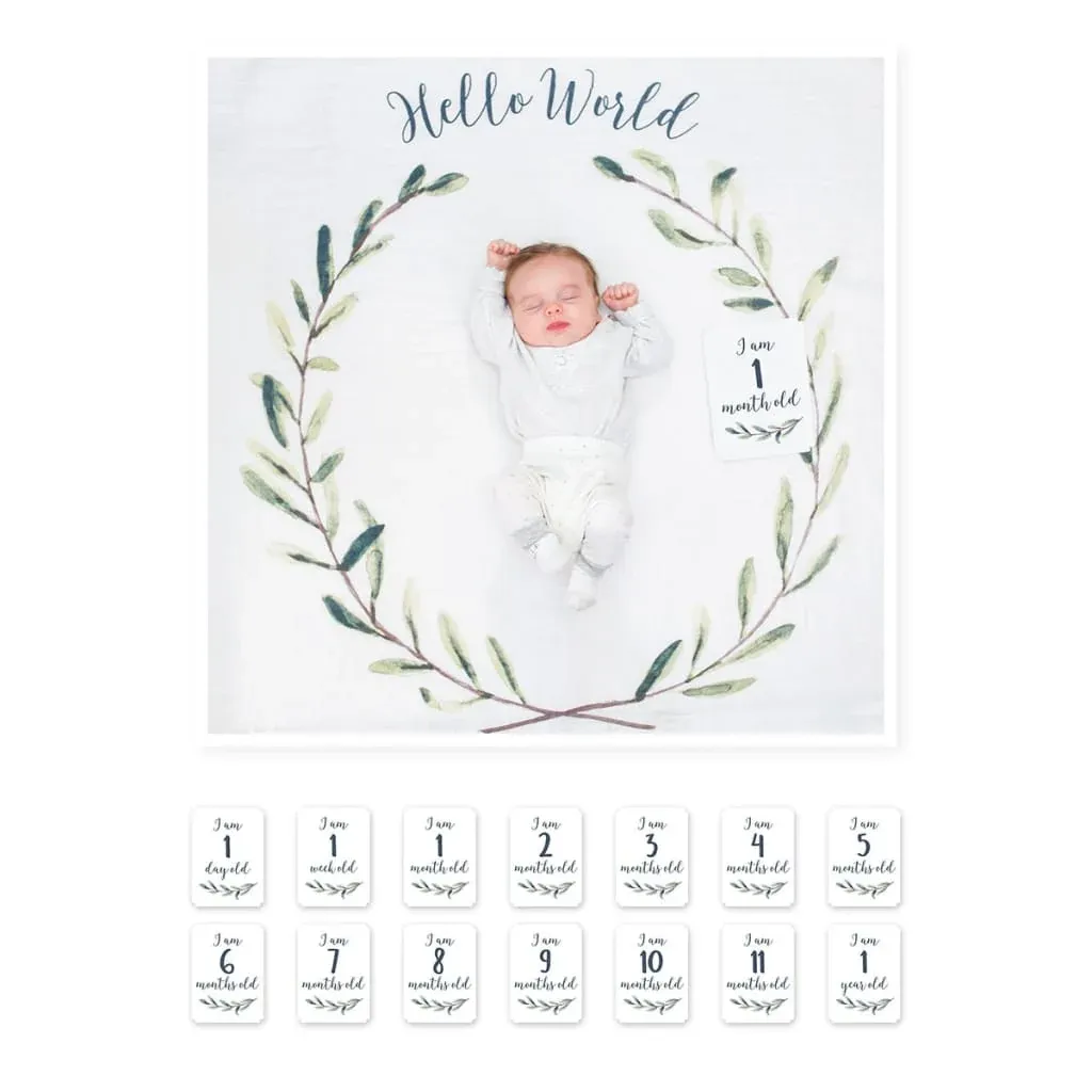 Lulujo LJ592 Baby's Muslin Blanket & Milstone Cards Set 15PC – Wreath