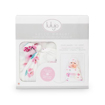 Lulujo LJ640 Baby Girl's Muslin Swaddle, Hat & Sticker Set 3PC – Posies