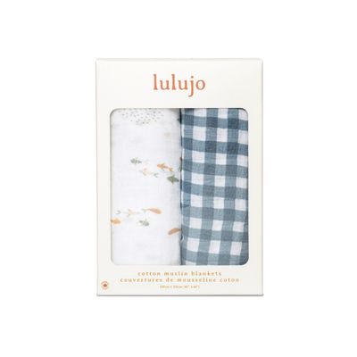Lulujo LJ156 Baby Boy's Classic Muslin Swaddle Blanket 2PK – Fish & Navy Gingham