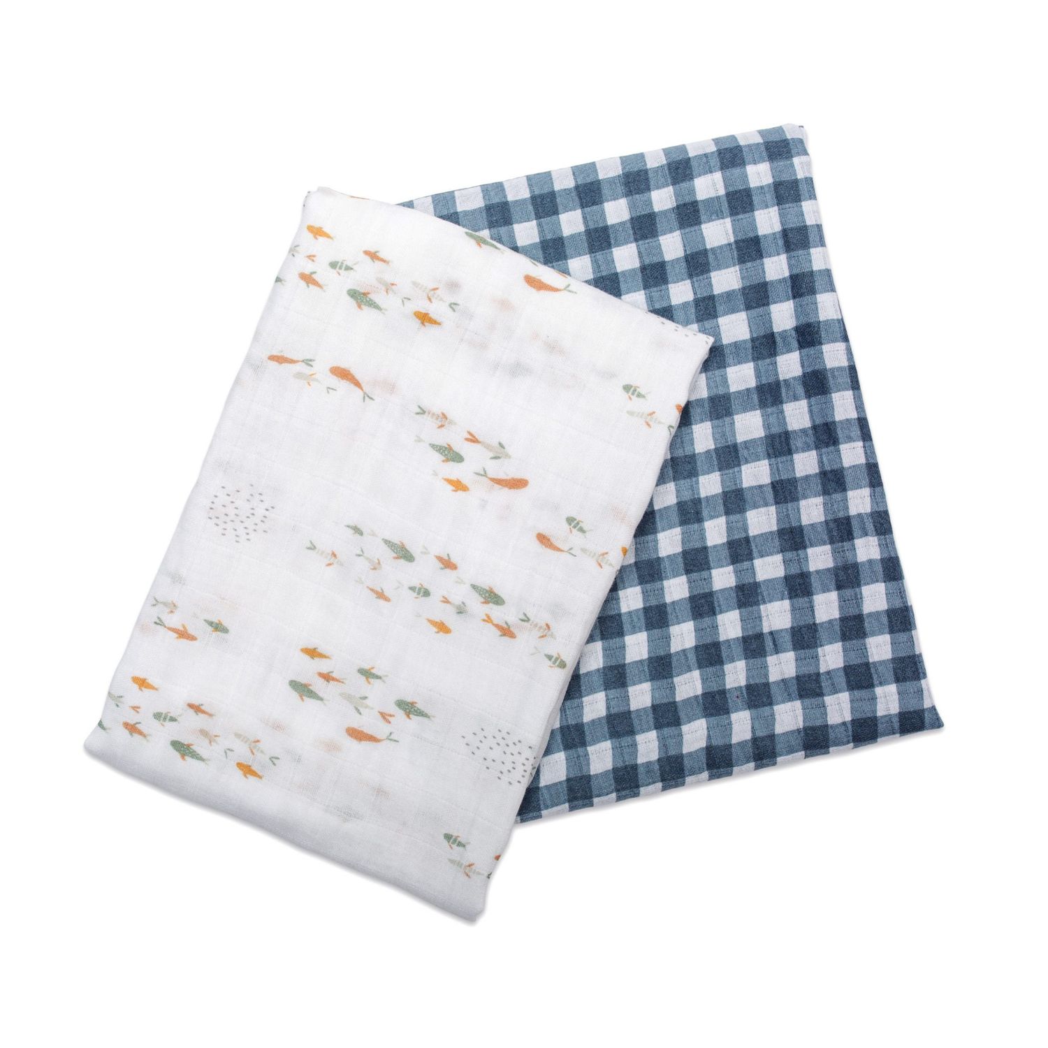 Lulujo LJ156 Baby Boy's Classic Muslin Swaddle Blanket 2PK – Fish & Navy Gingham