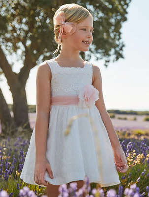 Abel & Lula 5030 Girl’s Linen Polka Dot & Floral Belt Confirmation/Graduation Dress /BLANCO