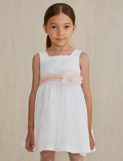 Abel & Lula 5030 Girl’s Linen Polka Dot & Floral Belt Confirmation/Graduation Dress /BLANCO