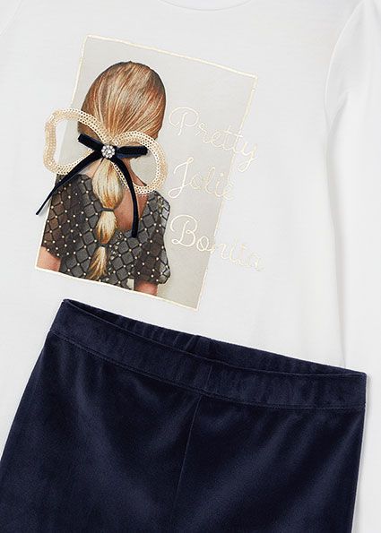 Mayoral 4705 Girl's Long Sleeve "Pretty" T-Shirt & Velvet Leggings Set 2PC – Marino