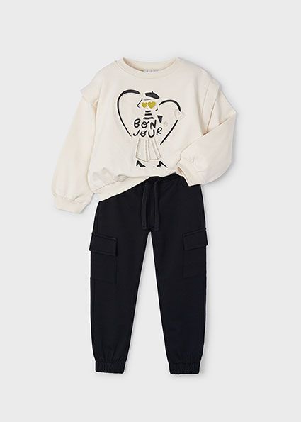 Mayoral 4887 Girl's Long Sleeve "Bonjour" Sweater & Joggers Set 2PC – Negro