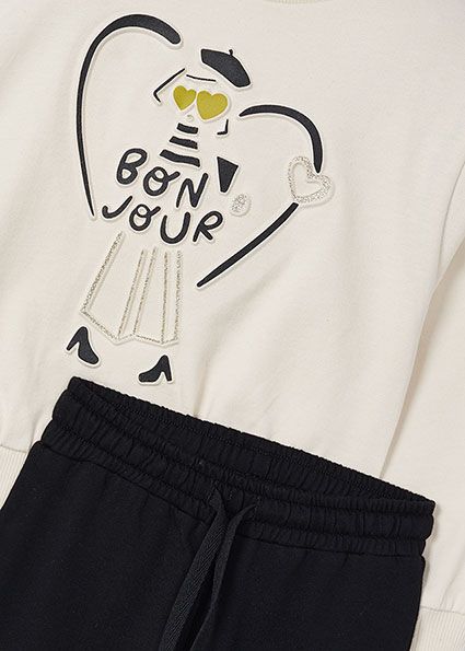 Mayoral 4887 Girl's Long Sleeve "Bonjour" Sweater & Joggers Set 2PC – Negro