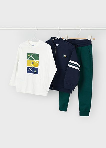 Mayoral 4880 Boy's Long Sleeve T-Shirt, Zip Sweatshirt & Joggers Set 3PC – Marino