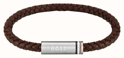 BOSS 1580623 Men's Ares Single Braided Brown Leather & S.Steel Clasp Bracelet