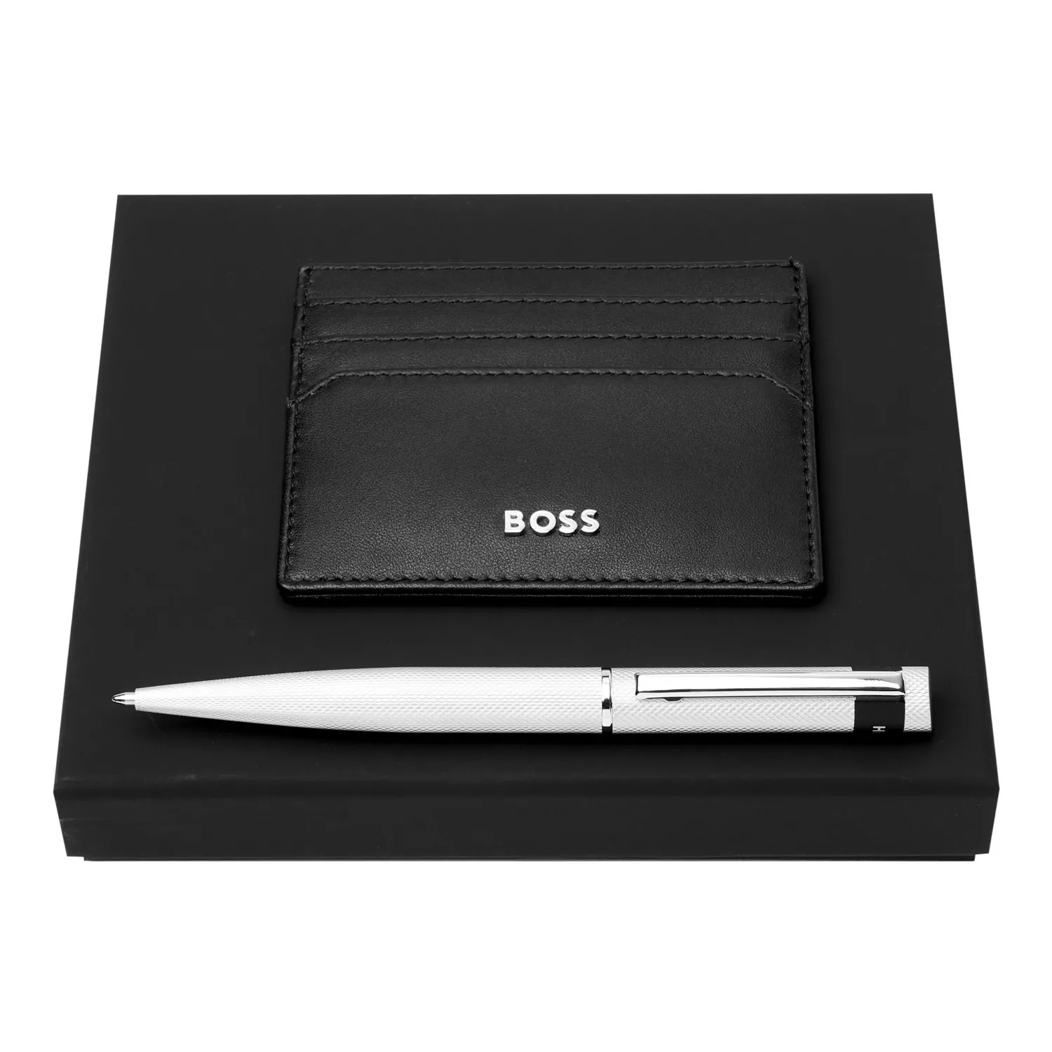 Boss HPBC367B lack Leather Cardholder & Silver Pen Set